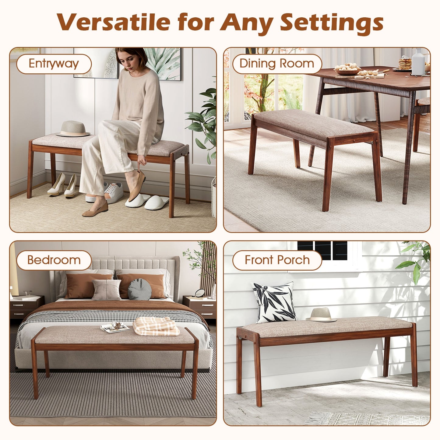 45 Inch Farmhouse Backless Bench with Rubber Wood Legs and Fabric Padded Seat-Beige Kids Crystal