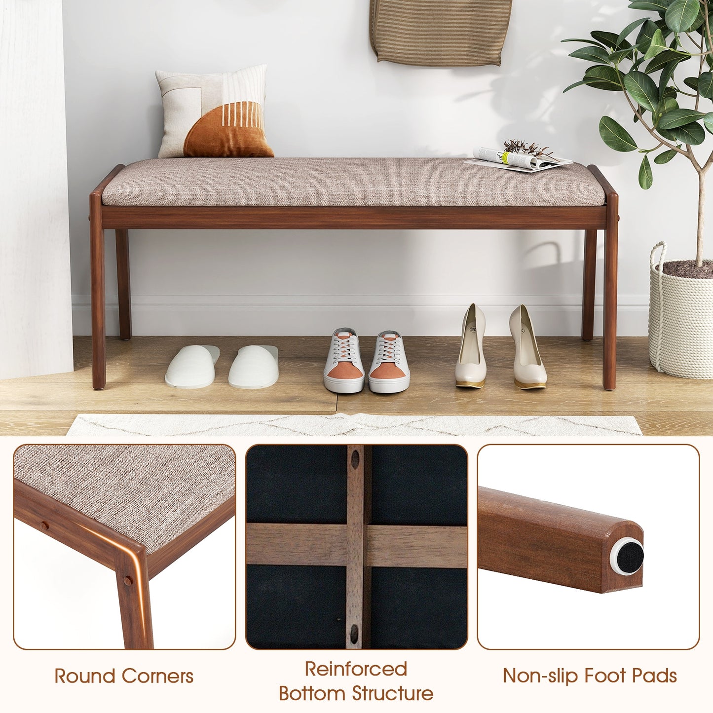 45 Inch Farmhouse Backless Bench with Rubber Wood Legs and Fabric Padded Seat-Beige Kids Crystal