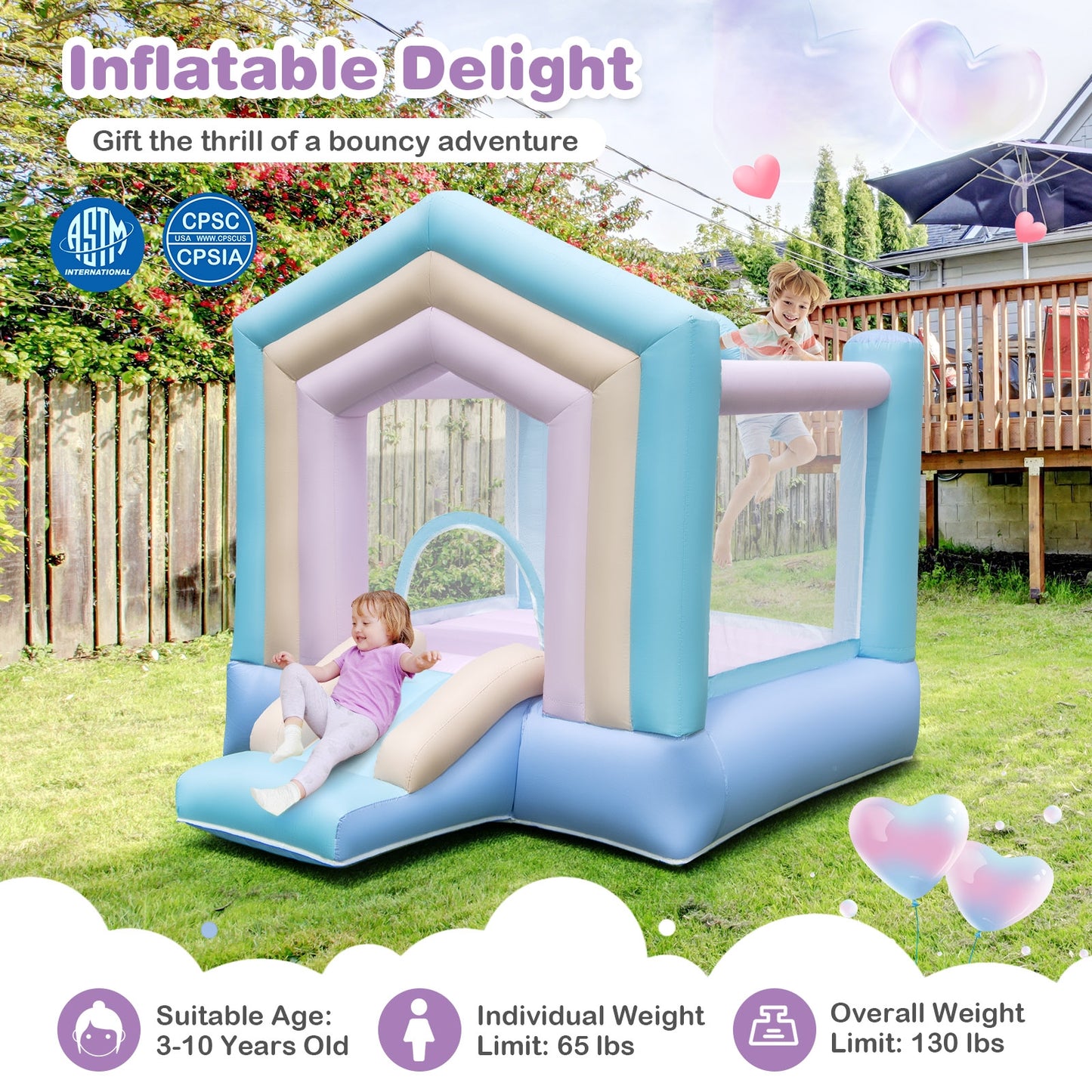 Kids Bounce House with Slide and Basketball Rim Bouncy Castle for Party without Blower Kids Crystal