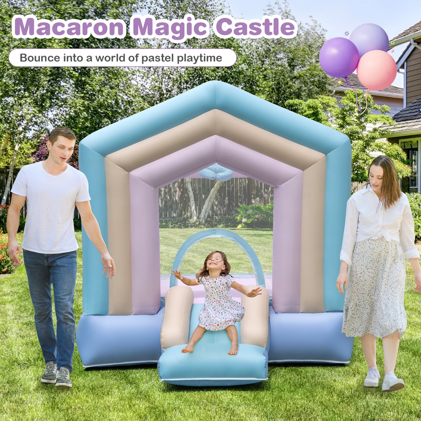 Kids Bounce House with Slide and Basketball Rim Bouncy Castle for Party with 480W Blower Kids Crystal