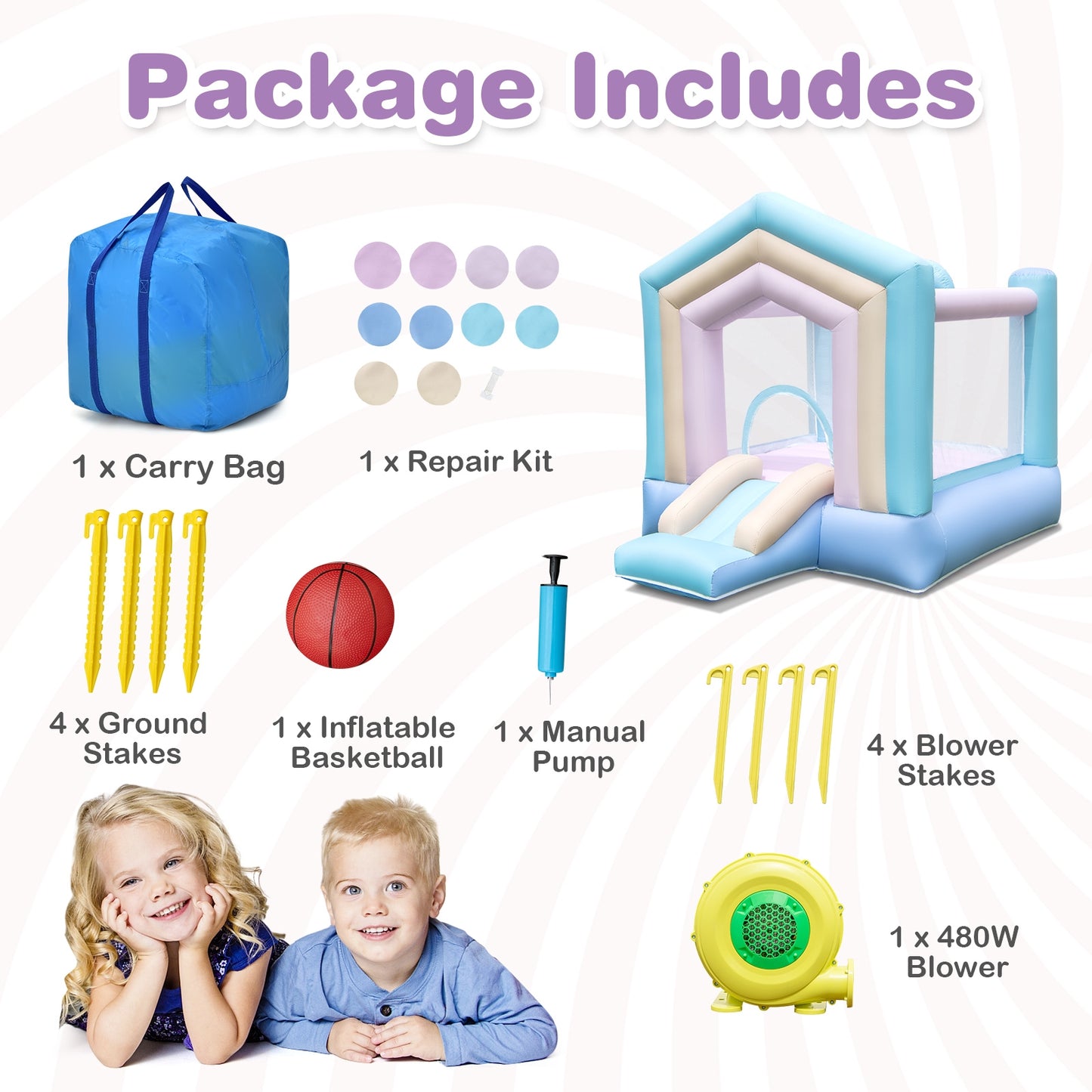 Kids Bounce House with Slide and Basketball Rim Bouncy Castle for Party with 480W Blower Kids Crystal
