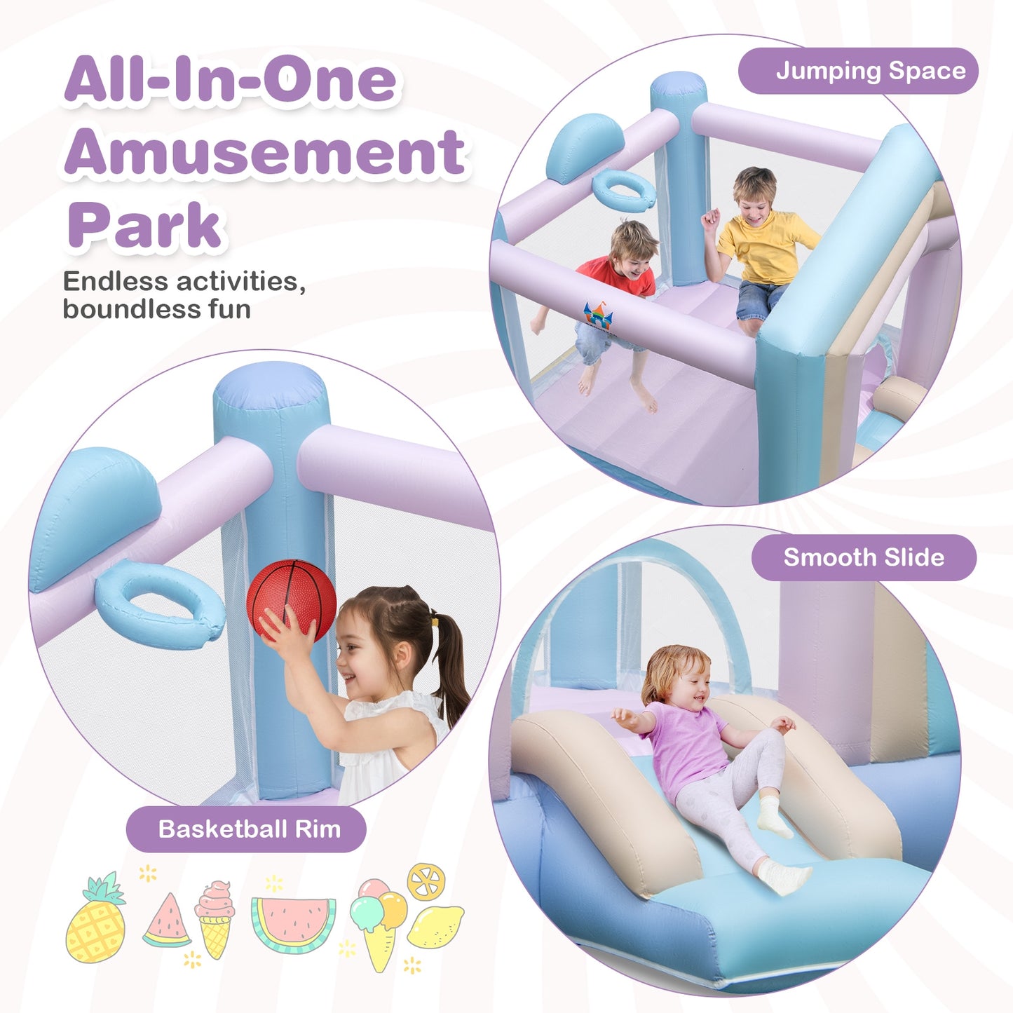 Kids Bounce House with Slide and Basketball Rim Bouncy Castle for Party with 480W Blower Kids Crystal