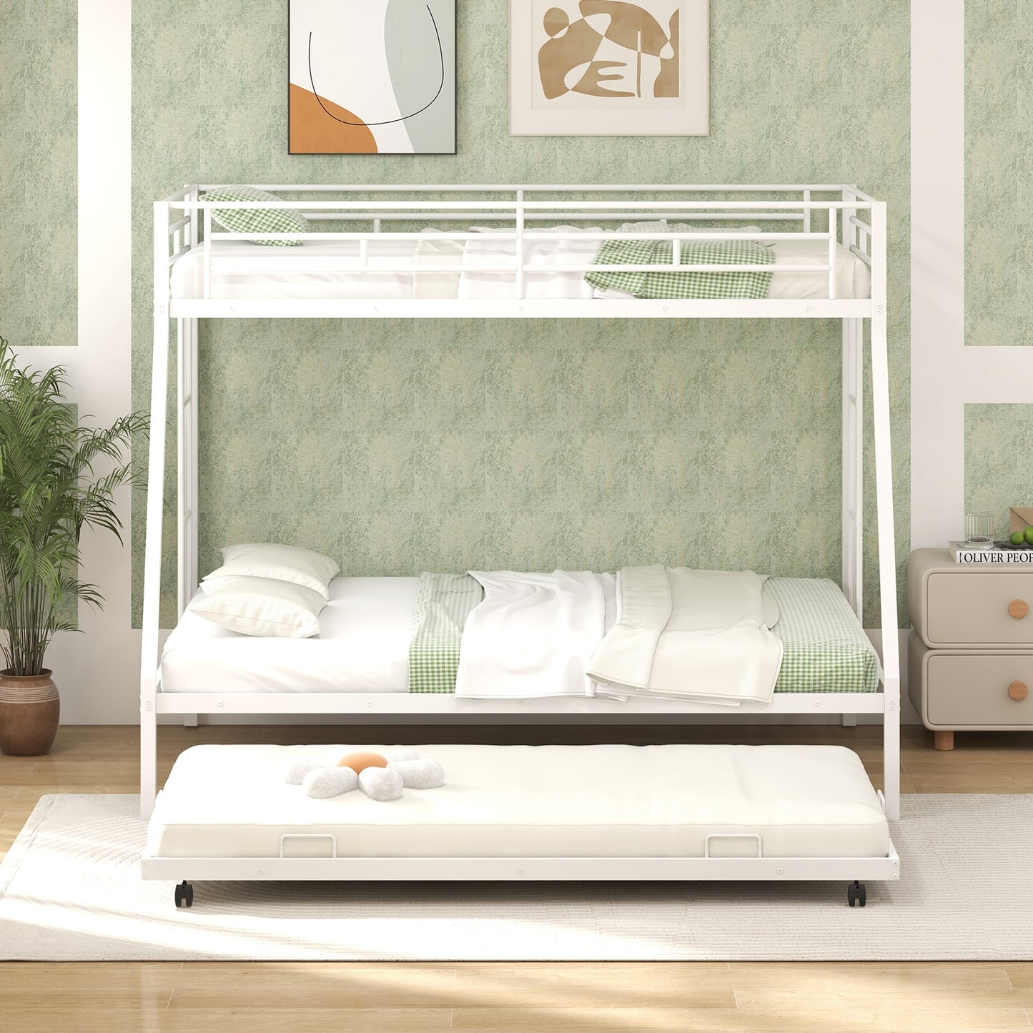 Twin Over Full Bunk Bed Frame with Trundle for Guest Room-White Kids Crystal