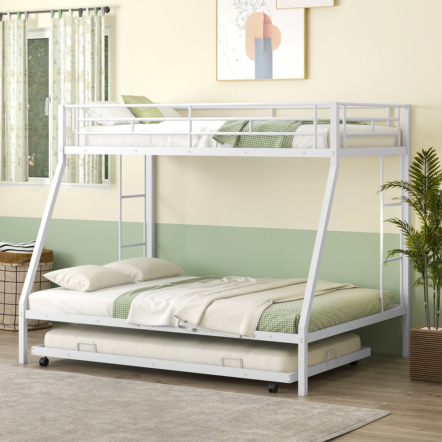 Twin Over Full Bunk Bed Frame with Trundle for Guest Room-White Kids Crystal