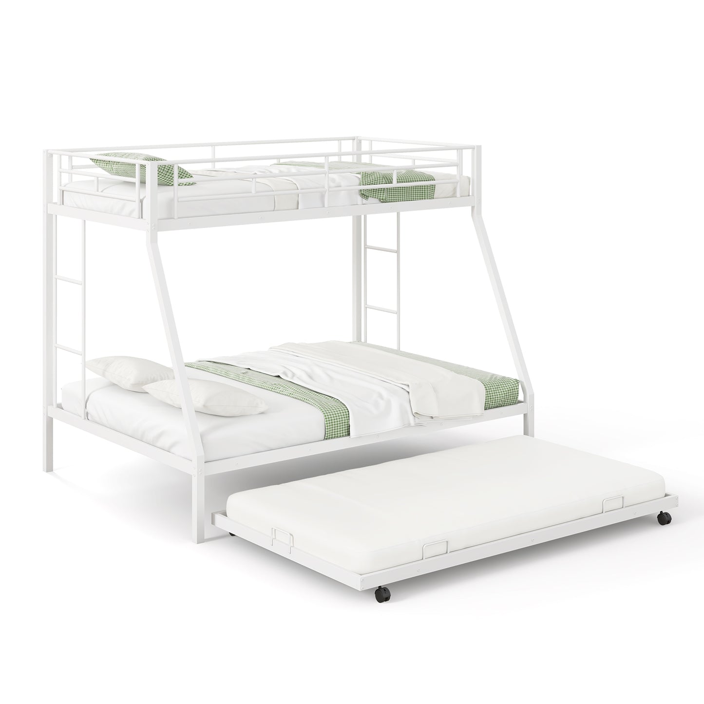 Twin Over Full Bunk Bed Frame with Trundle for Guest Room-White Kids Crystal