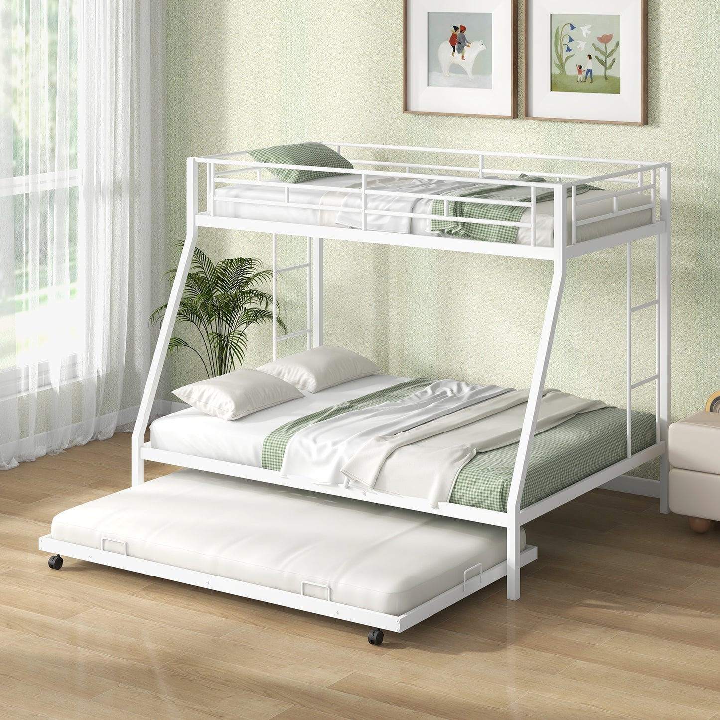 Twin Over Full Bunk Bed Frame with Trundle for Guest Room-White Kids Crystal