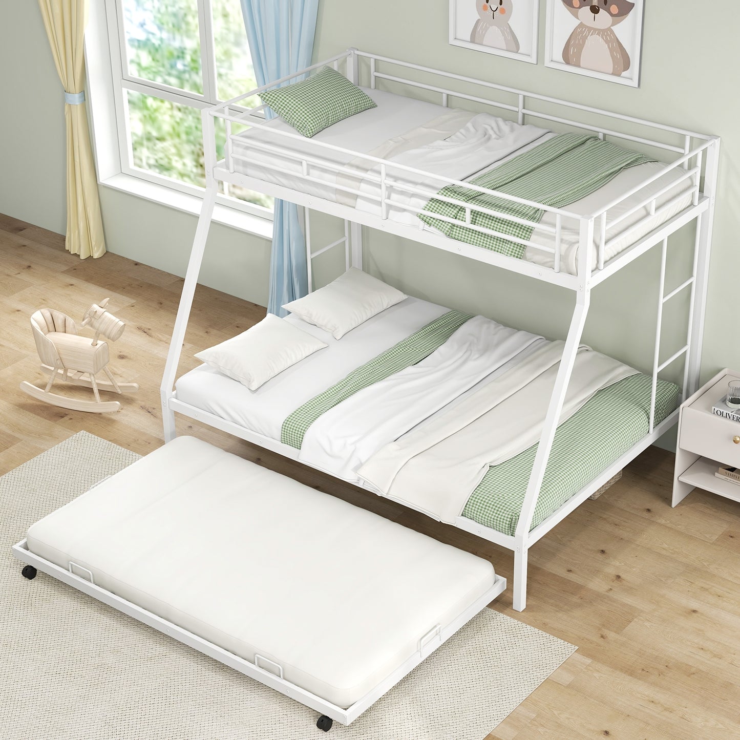 Twin Over Full Bunk Bed Frame with Trundle for Guest Room-White Kids Crystal