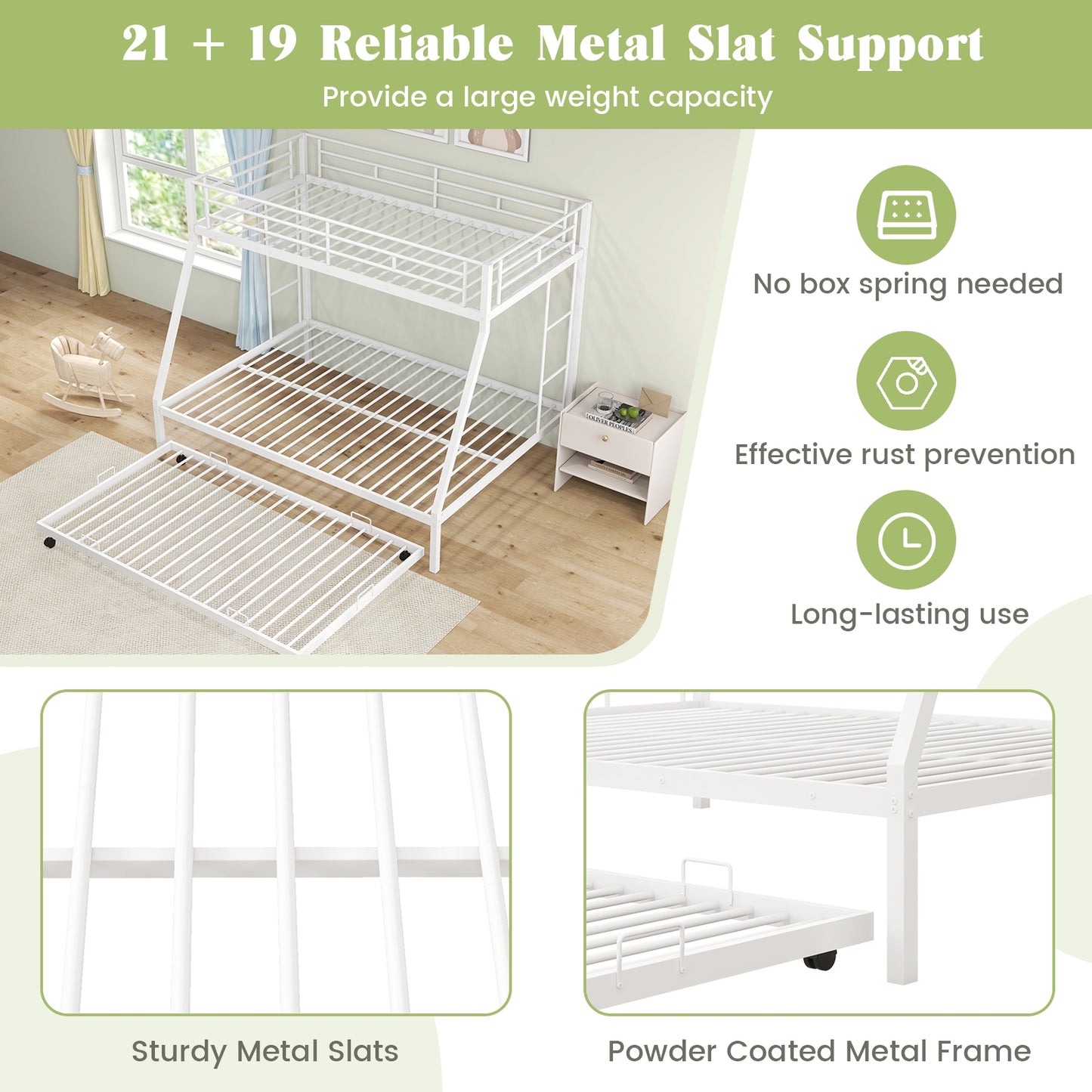 Twin Over Full Bunk Bed Frame with Trundle for Guest Room-White Kids Crystal