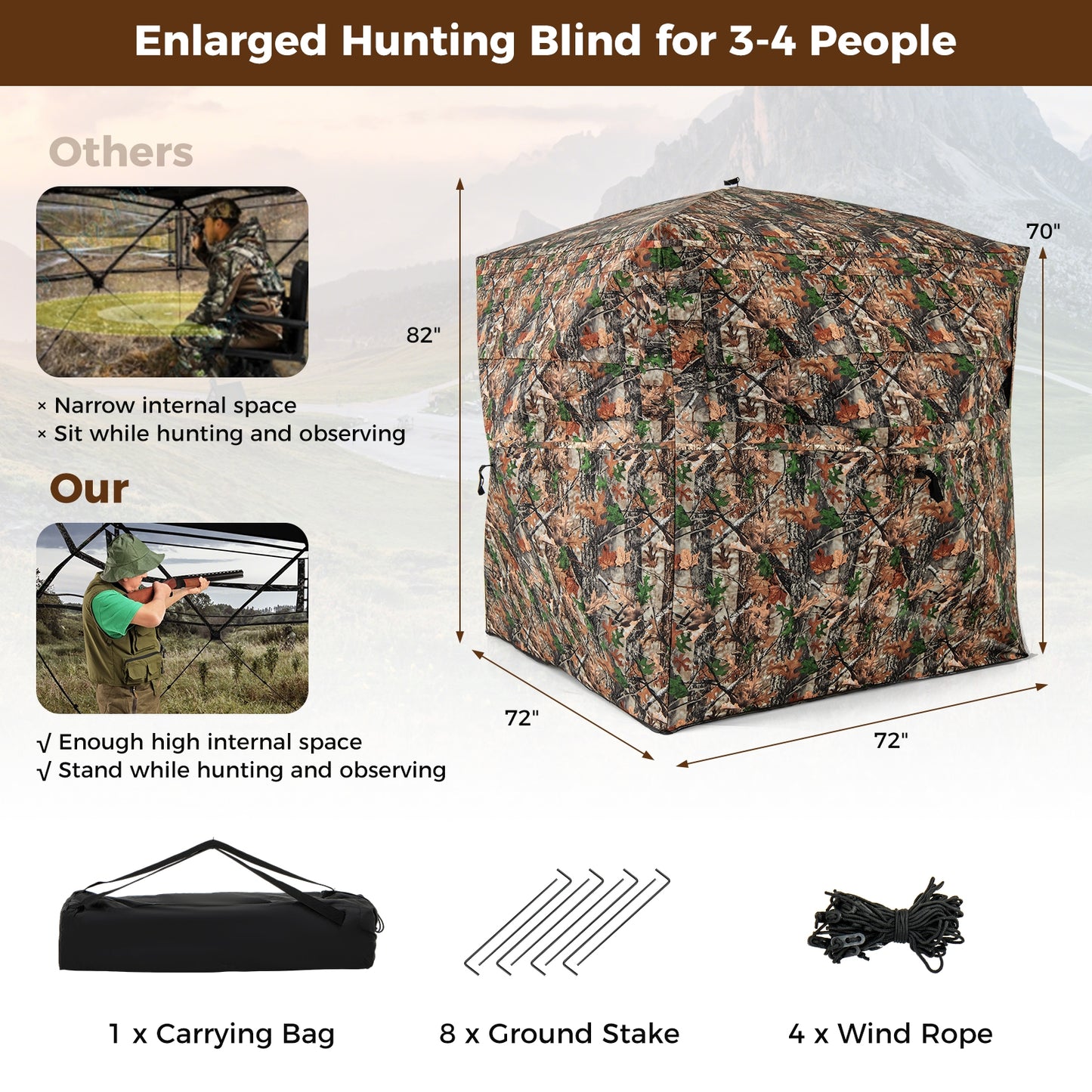 82 Inch Tall Hunting Blind 270° One Way See Through Ground Tent for 3-4 People Kids Crystal