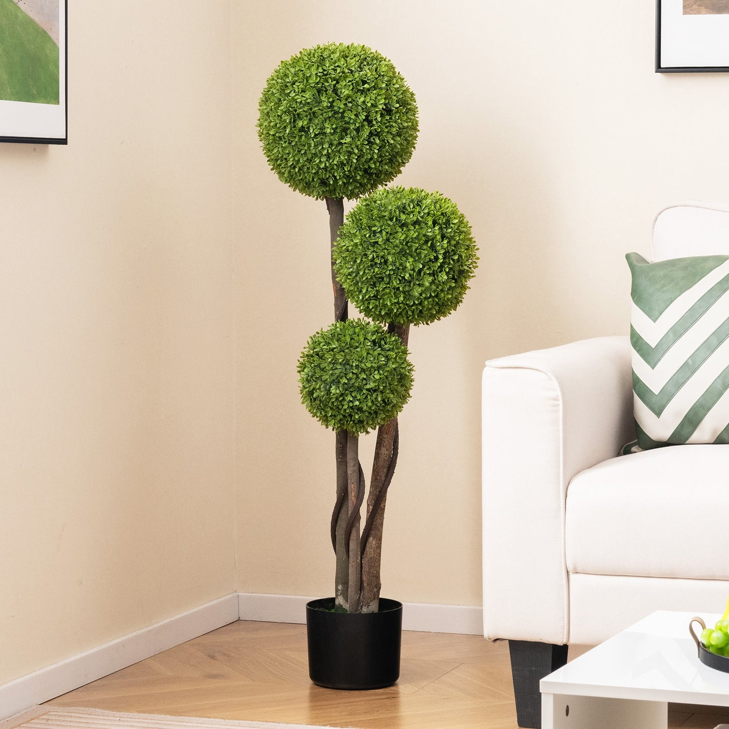 4 FT Artificial Boxwood Topiary Ball Tree in Weighted Pot with Triple Ball Kids Crystal