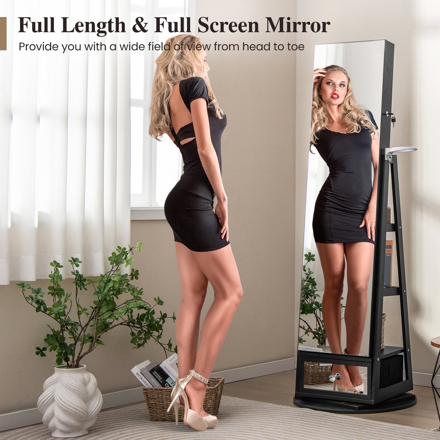 Lockable 360° Swivel Jewelry Cabinet with Full-Length Mirror LED Lights-Black Kids Crystal