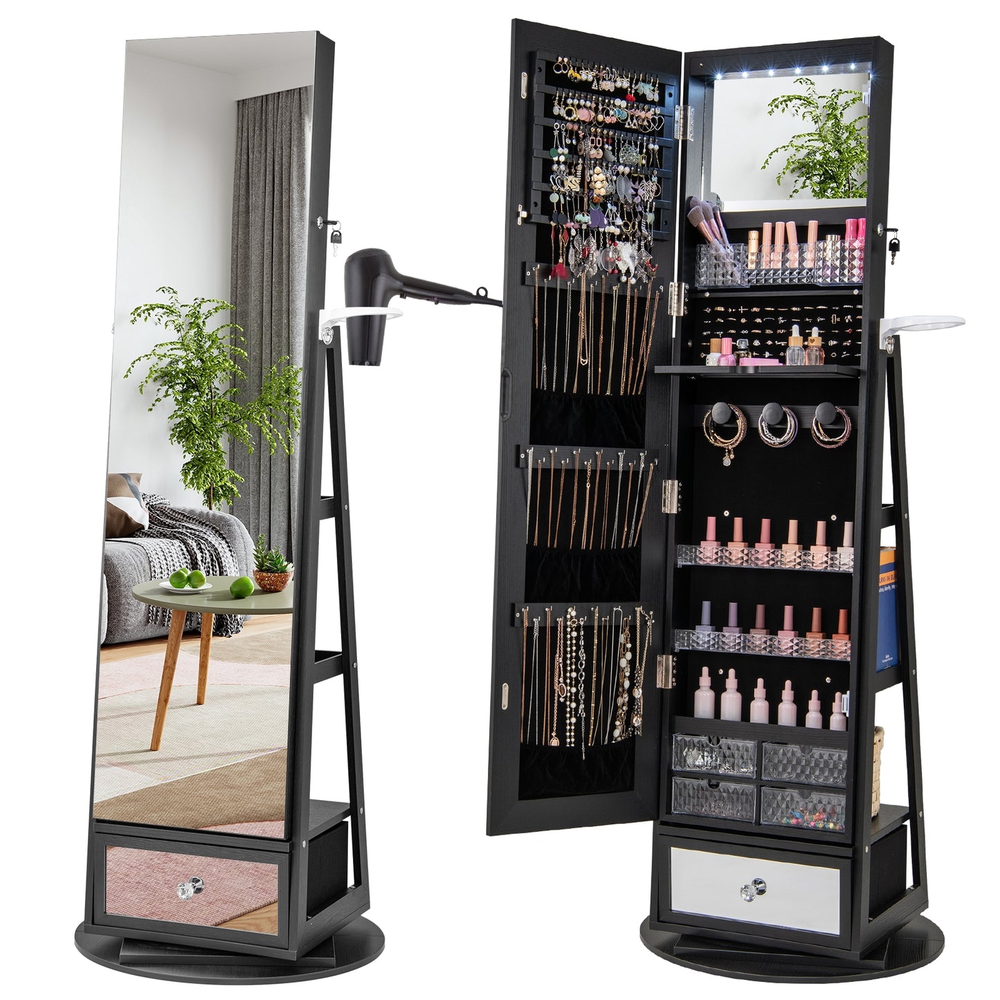 Lockable 360° Swivel Jewelry Cabinet with Full-Length Mirror LED Lights-Black Kids Crystal