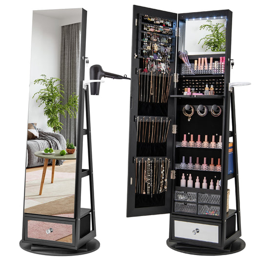 Lockable 360° Swivel Jewelry Cabinet with Full-Length Mirror LED Lights-Black Kids Crystal