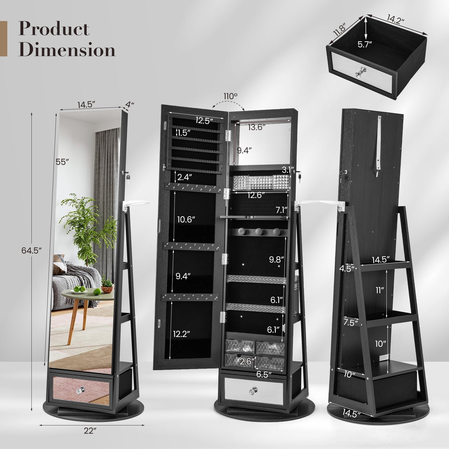 Lockable 360° Swivel Jewelry Cabinet with Full-Length Mirror LED Lights-Black Kids Crystal