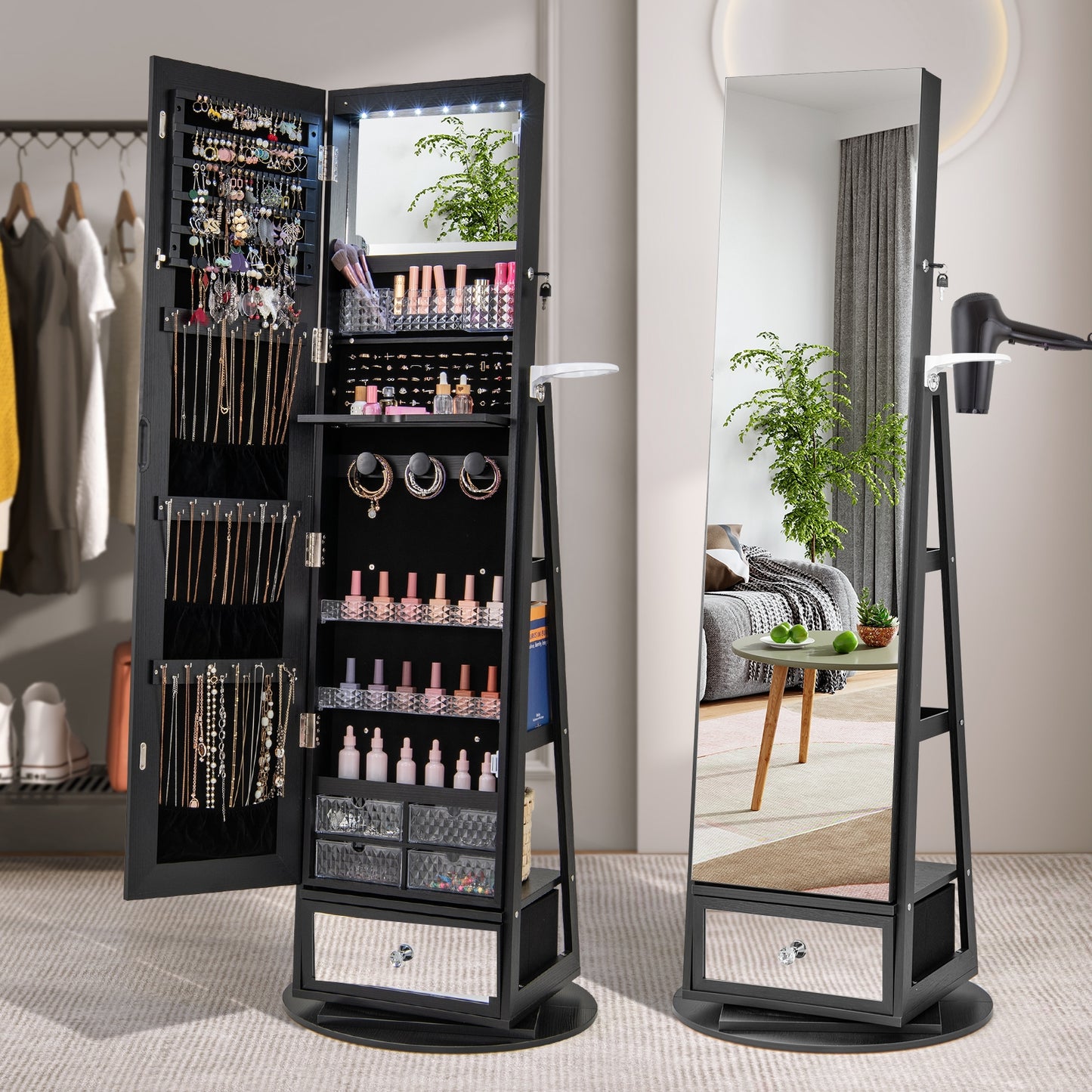 Lockable 360° Swivel Jewelry Cabinet with Full-Length Mirror LED Lights-Black Kids Crystal