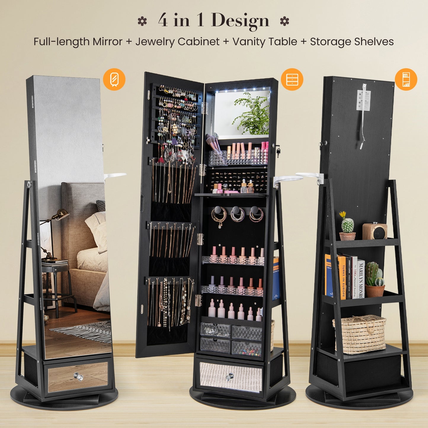 Lockable 360° Swivel Jewelry Cabinet with Full-Length Mirror LED Lights-Black Kids Crystal