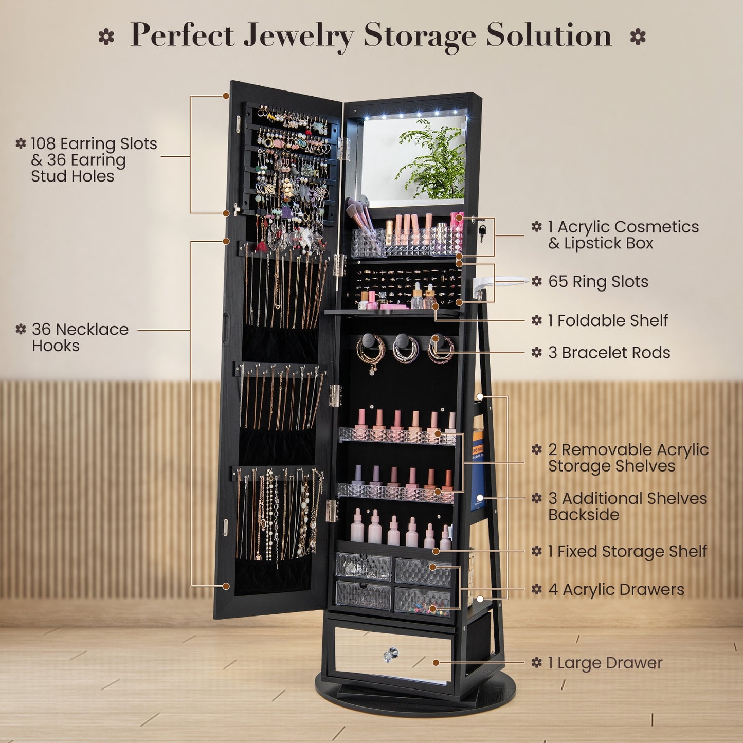 Lockable 360° Swivel Jewelry Cabinet with Full-Length Mirror LED Lights-Black Kids Crystal