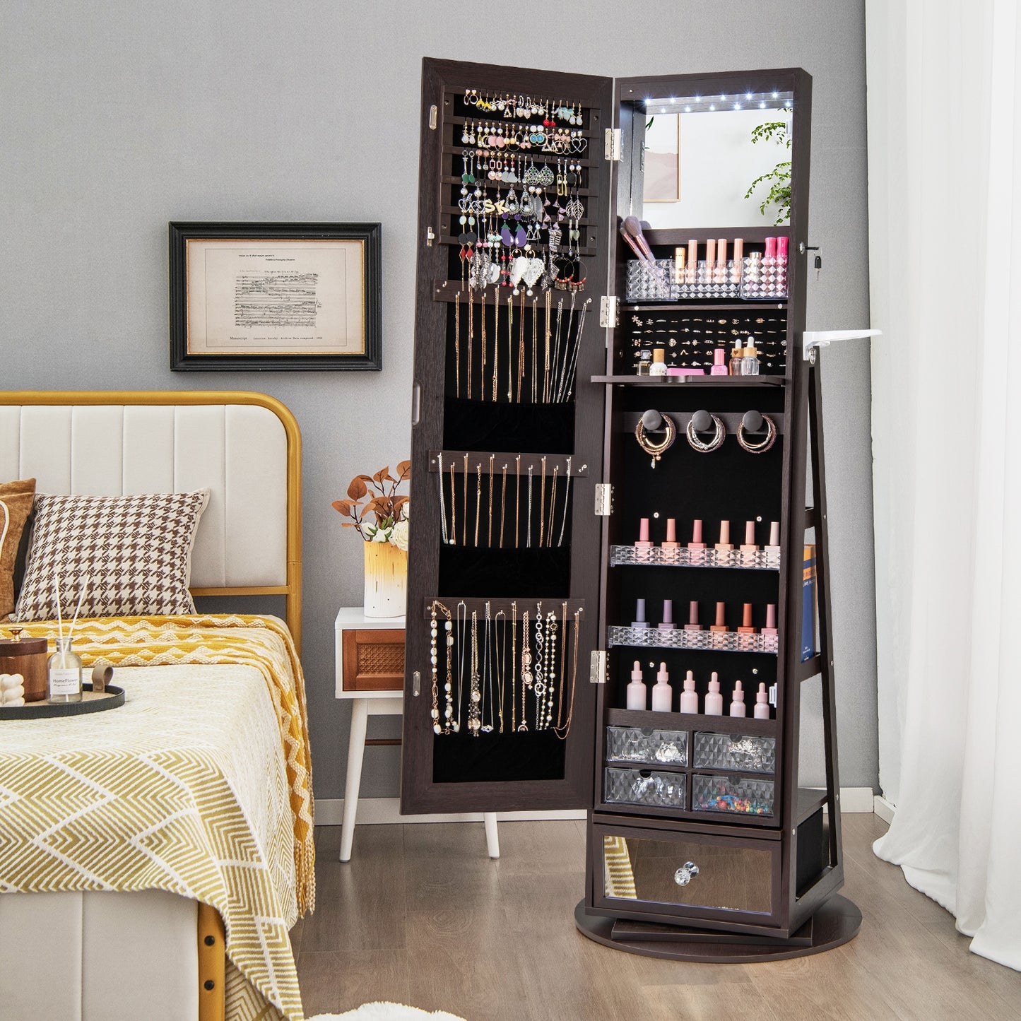 Lockable 360° Swivel Jewelry Cabinet with Full-Length Mirror LED Lights-Dark Brown Kids Crystal