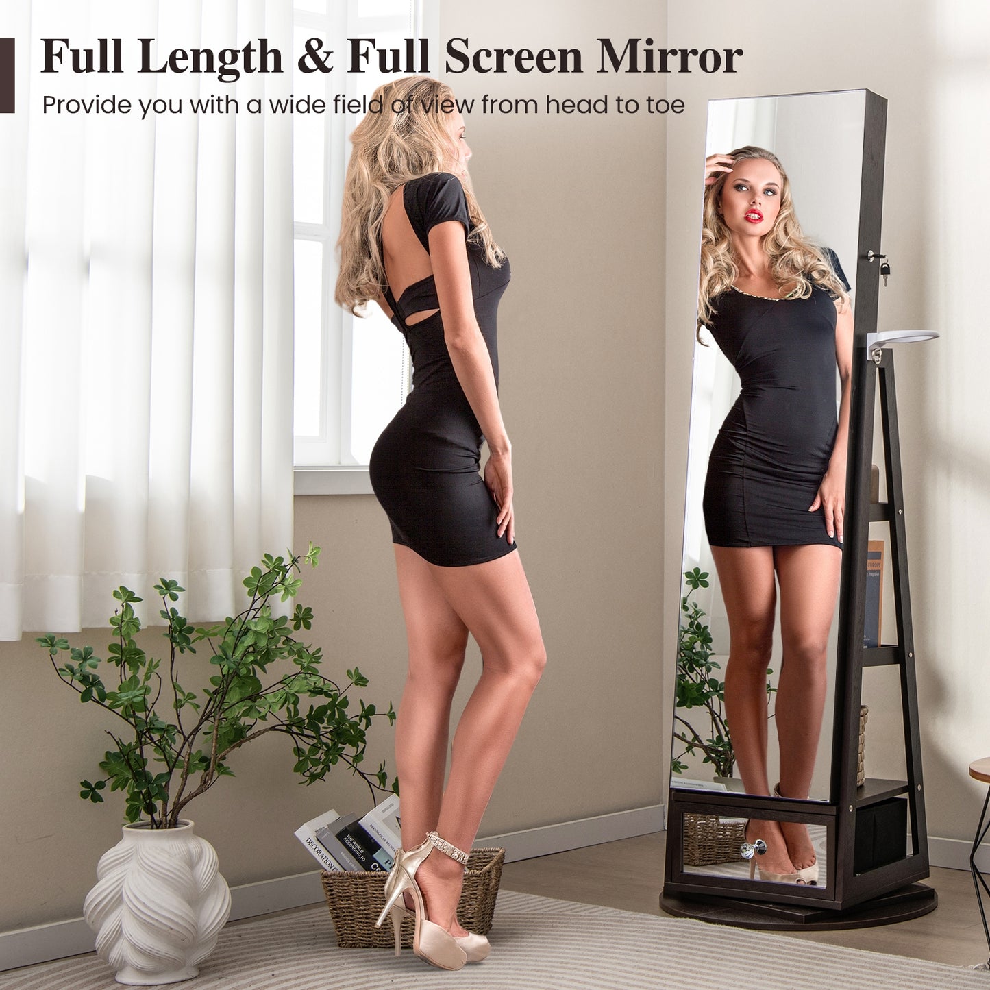 Lockable 360° Swivel Jewelry Cabinet with Full-Length Mirror LED Lights-Dark Brown Kids Crystal