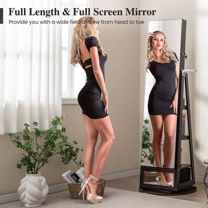 Lockable 360° Swivel Jewelry Cabinet with Full-Length Mirror LED Lights-Dark Brown