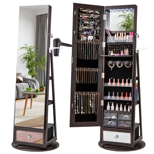 Lockable 360° Swivel Jewelry Cabinet with Full-Length Mirror LED Lights-Dark Brown Kids Crystal