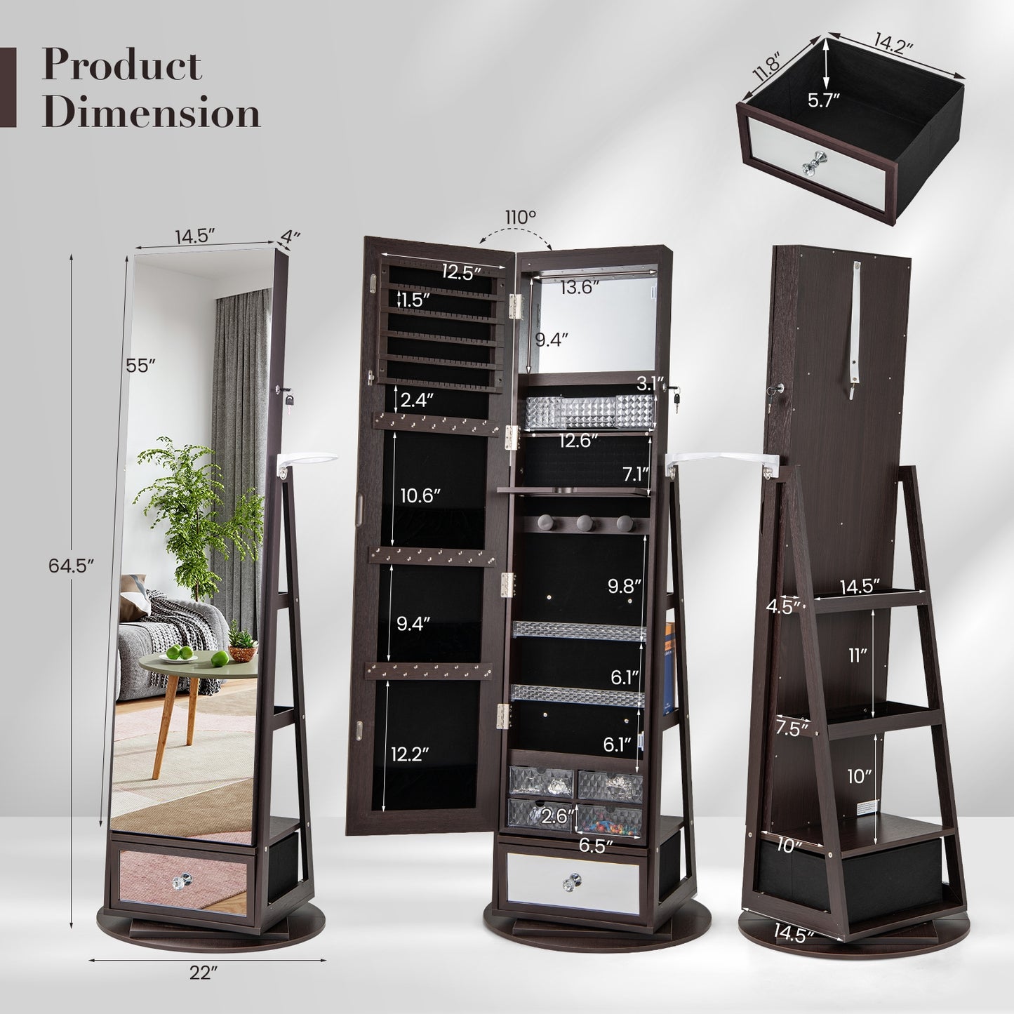 Lockable 360° Swivel Jewelry Cabinet with Full-Length Mirror LED Lights-Dark Brown Kids Crystal