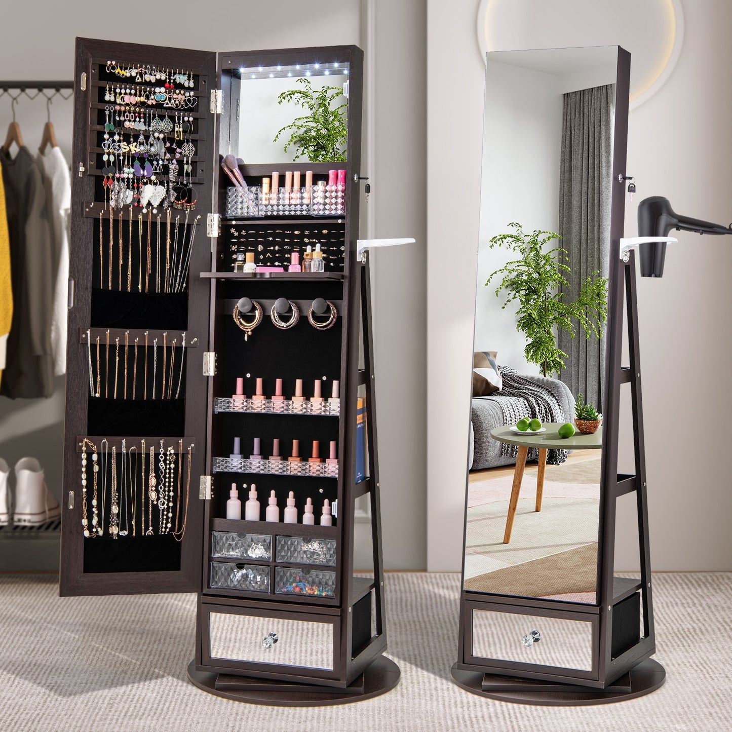 Lockable 360° Swivel Jewelry Cabinet with Full-Length Mirror LED Lights-Dark Brown Kids Crystal