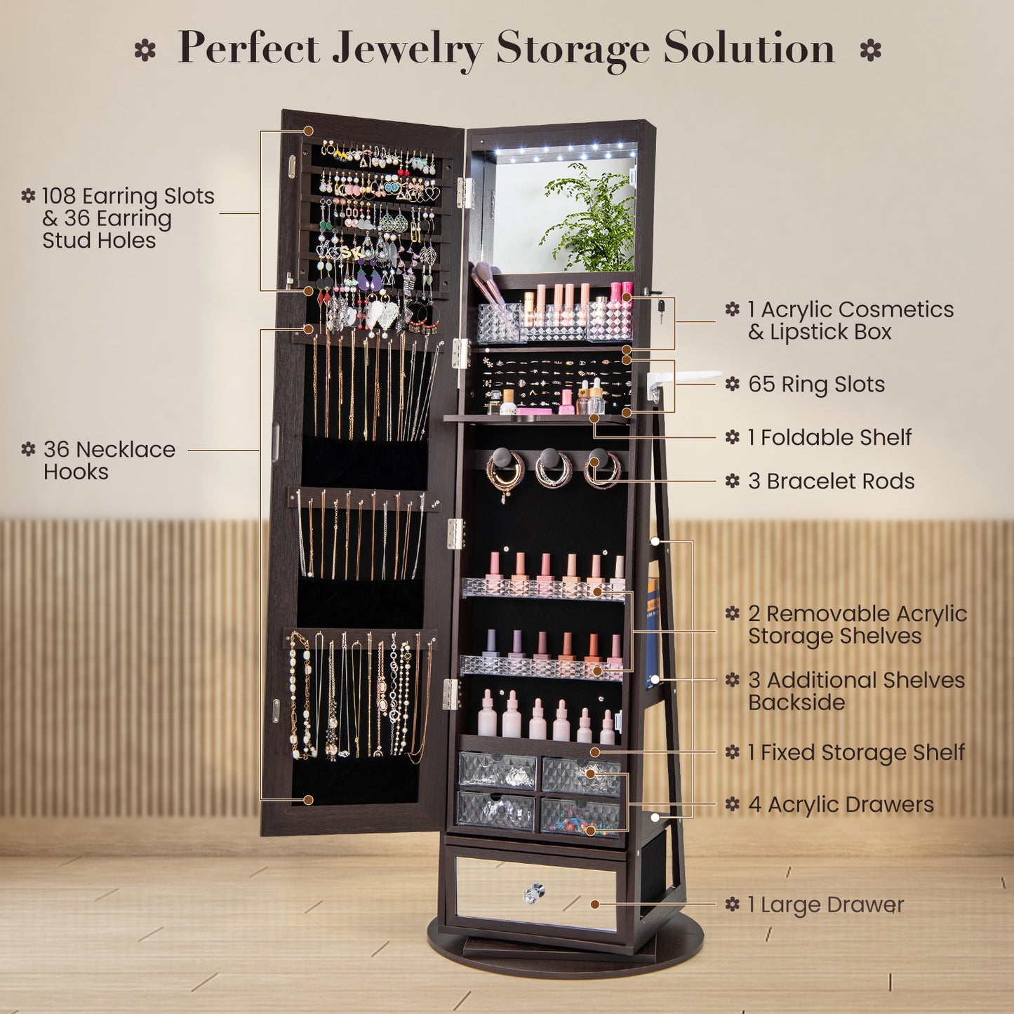 Lockable 360° Swivel Jewelry Cabinet with Full-Length Mirror LED Lights-Dark Brown Kids Crystal