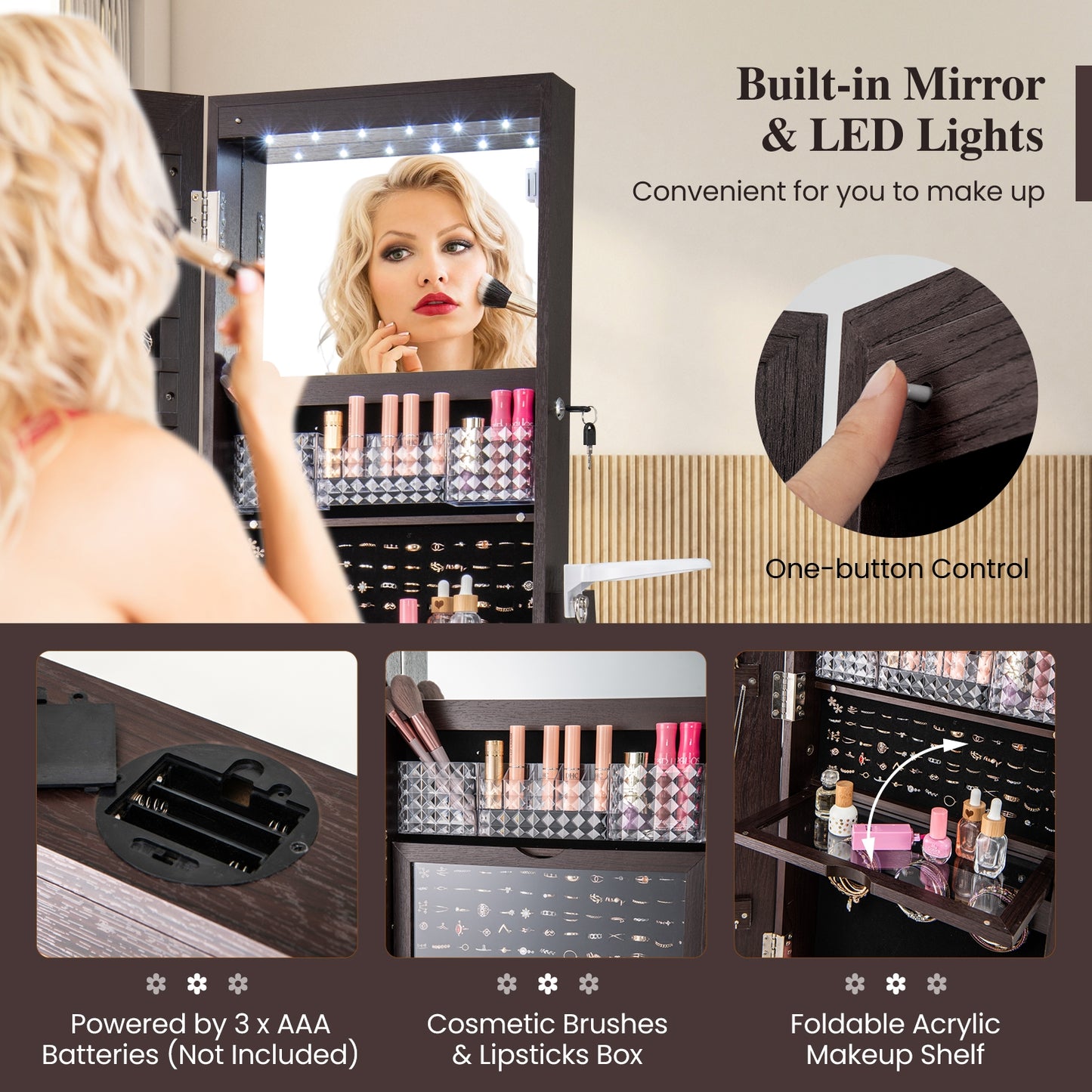Lockable 360° Swivel Jewelry Cabinet with Full-Length Mirror LED Lights-Dark Brown Kids Crystal