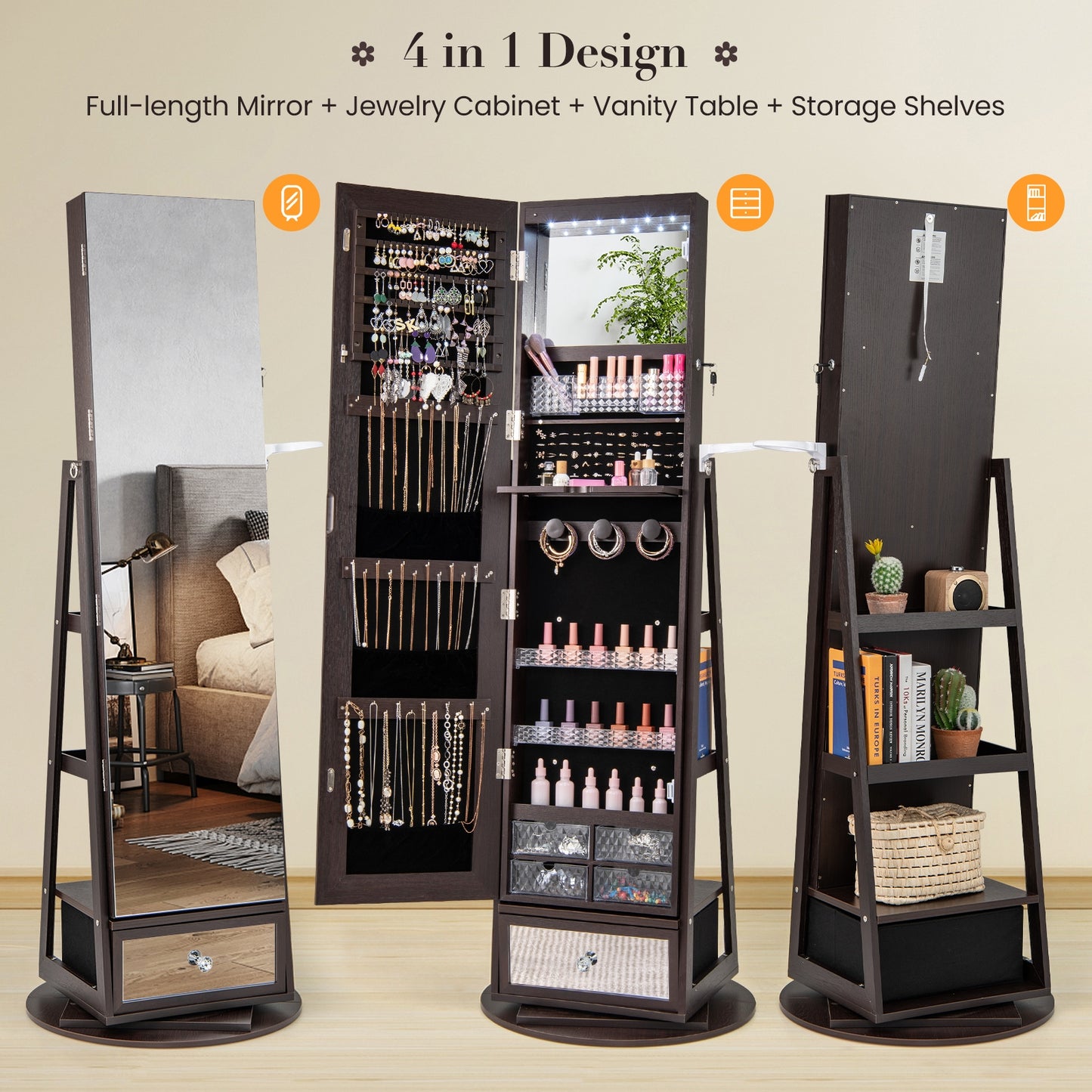 Lockable 360° Swivel Jewelry Cabinet with Full-Length Mirror LED Lights-Dark Brown Kids Crystal