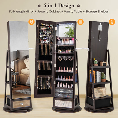 Lockable 360° Swivel Jewelry Cabinet with Full-Length Mirror LED Lights-Dark Brown