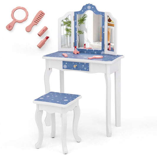 Princess Pretend Play Makeup Table and Stool Set with Tri-folding Mirror-Blue Kids Crystal