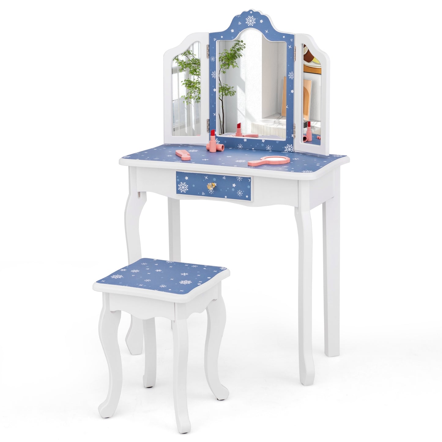 Princess Pretend Play Makeup Table and Stool Set with Tri-folding Mirror-Blue Kids Crystal