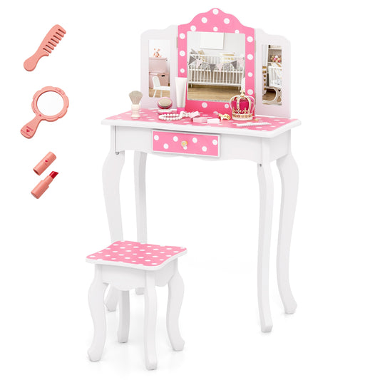 Princess Pretend Play Makeup Dressing Table with Cute Polka Dot Print-Pink Kids Crystal