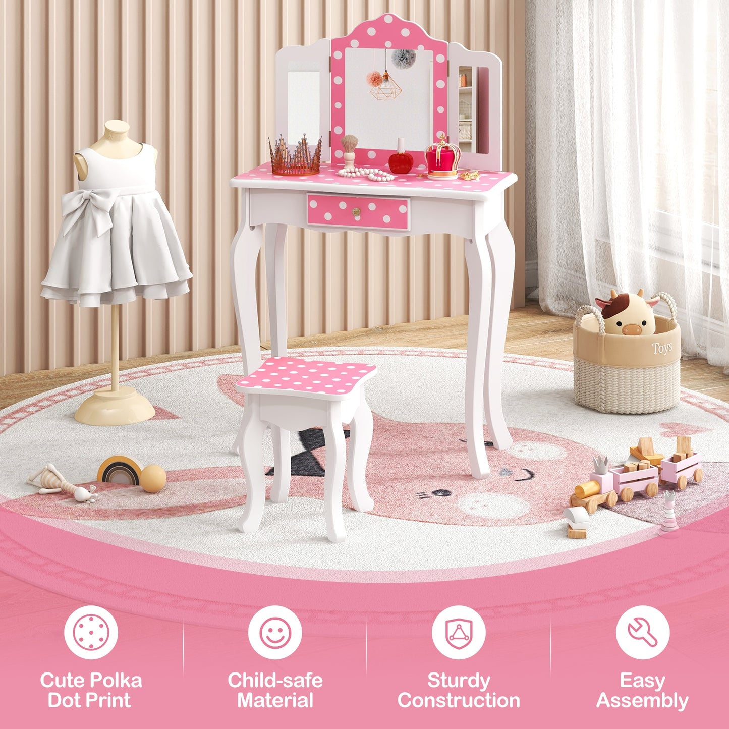 Princess Pretend Play Makeup Dressing Table with Cute Polka Dot Print-Pink Kids Crystal