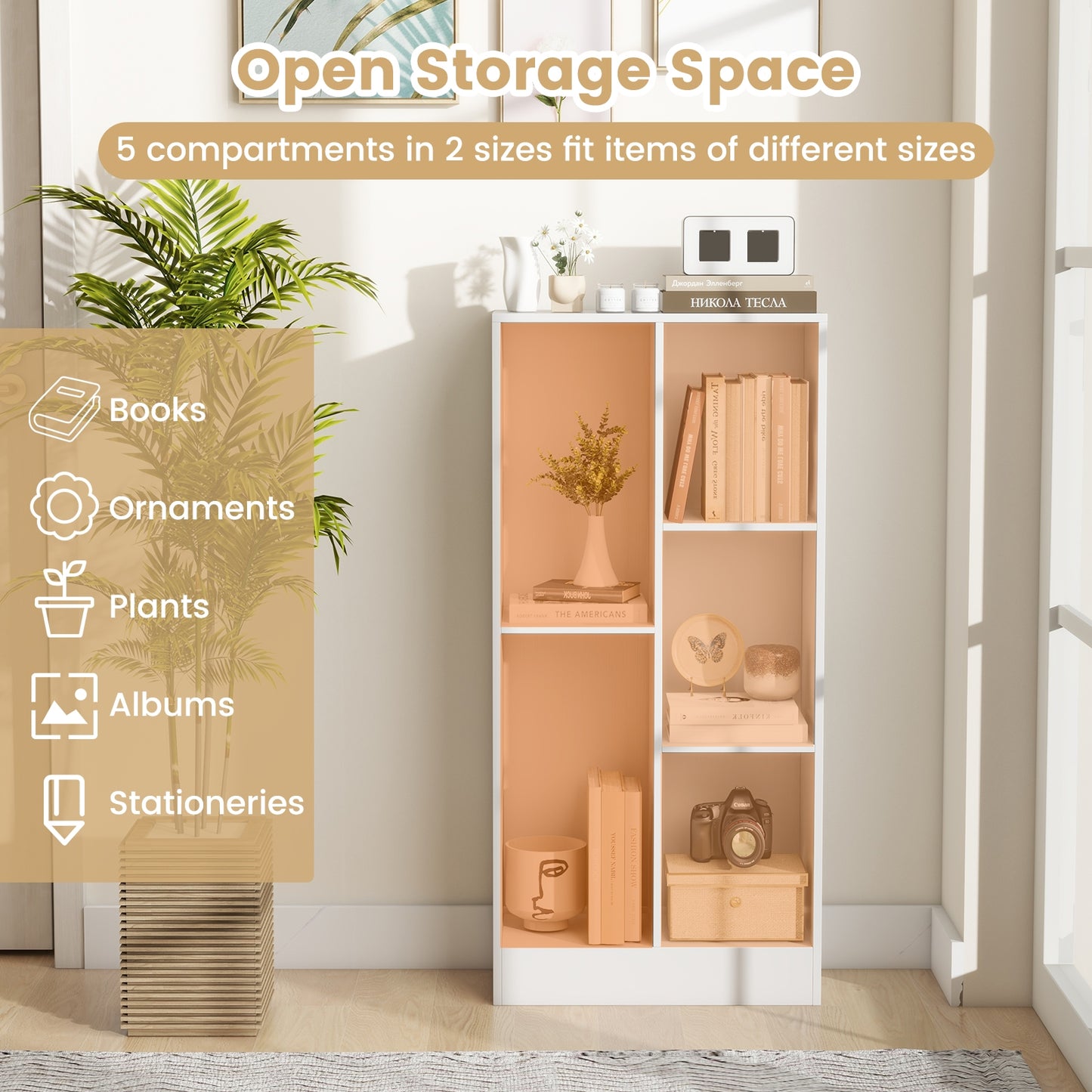 41 Inches 5-Cube Floor Bookcase with 2 Anti-Tipping Kits-White Kids Crystal