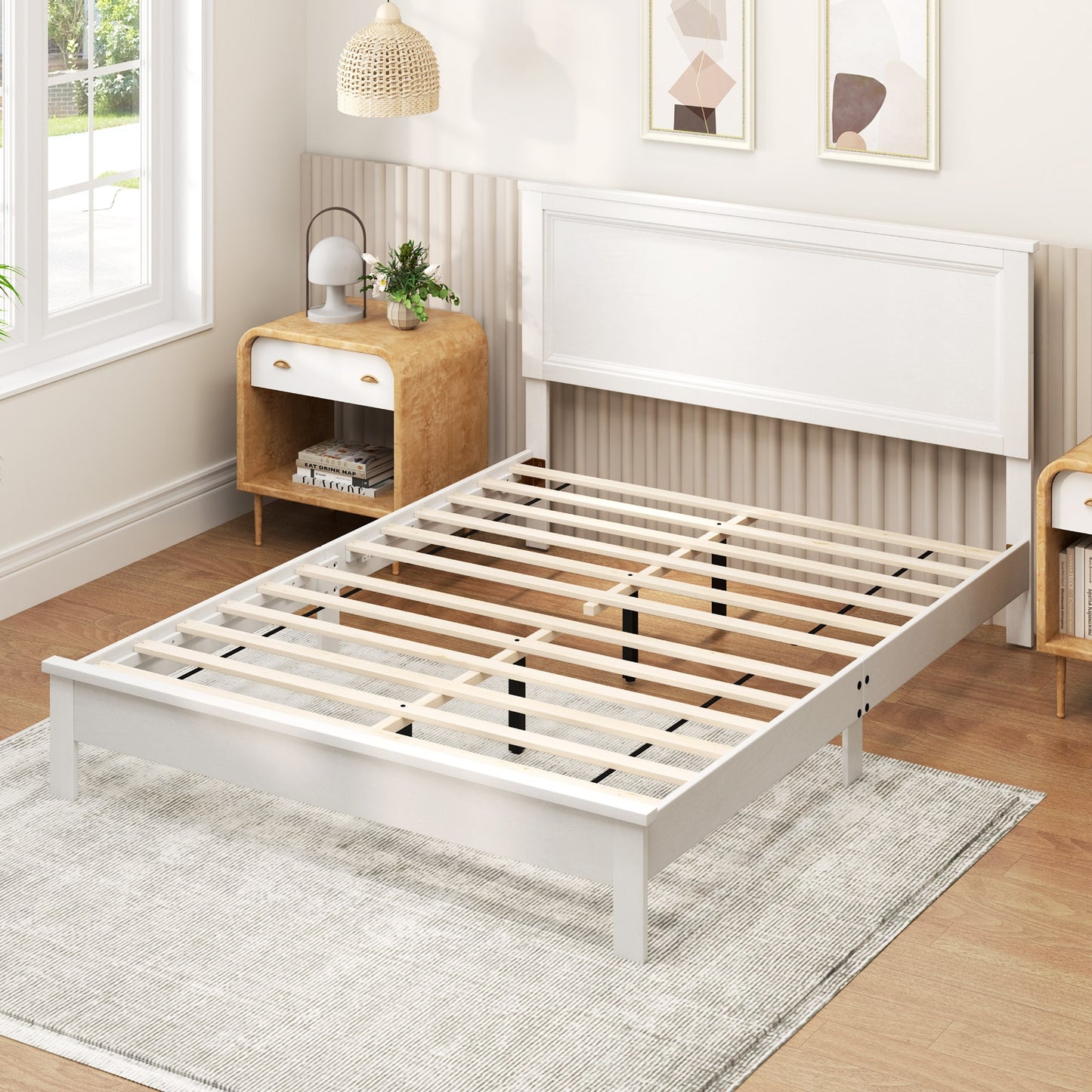 Queen Size Bed Frame Platform Slat High Headboard Bedroom with Rubber Wood Leg-White Kids Crystal