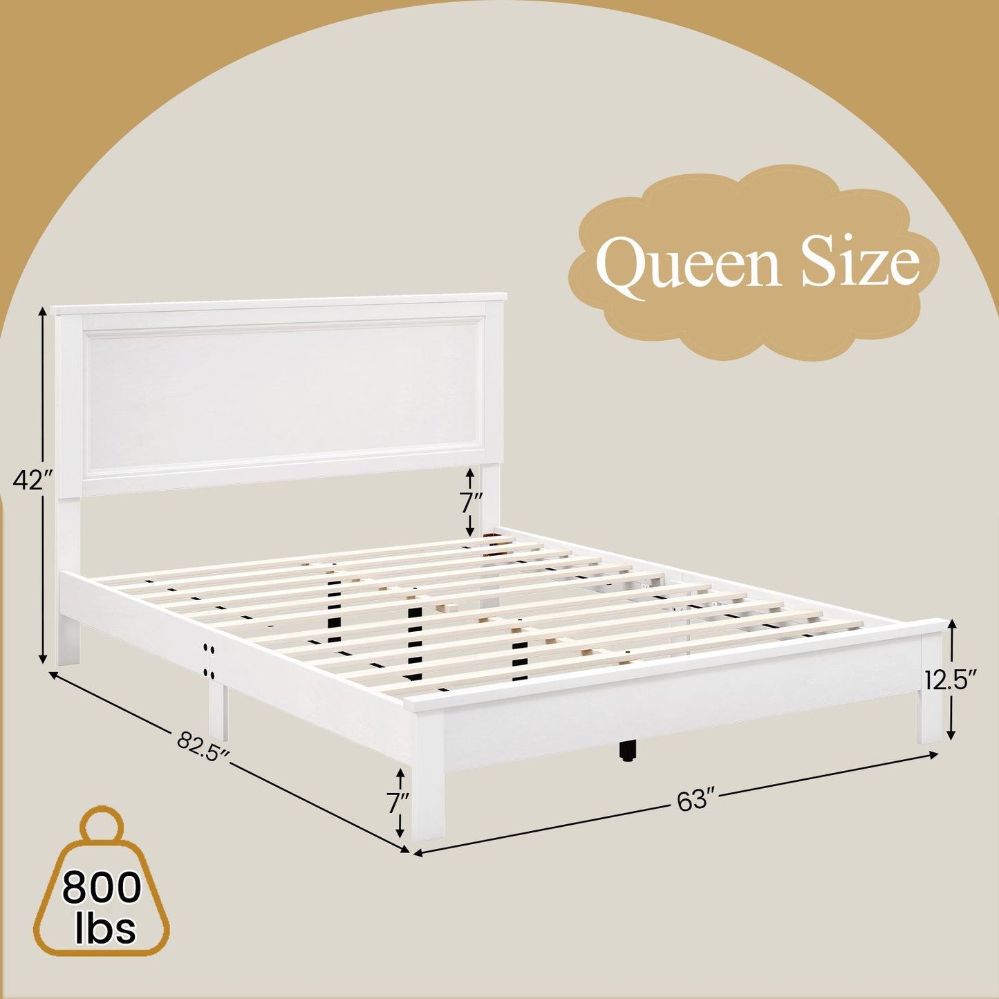 Queen Size Bed Frame Platform Slat High Headboard Bedroom with Rubber Wood Leg-White Kids Crystal