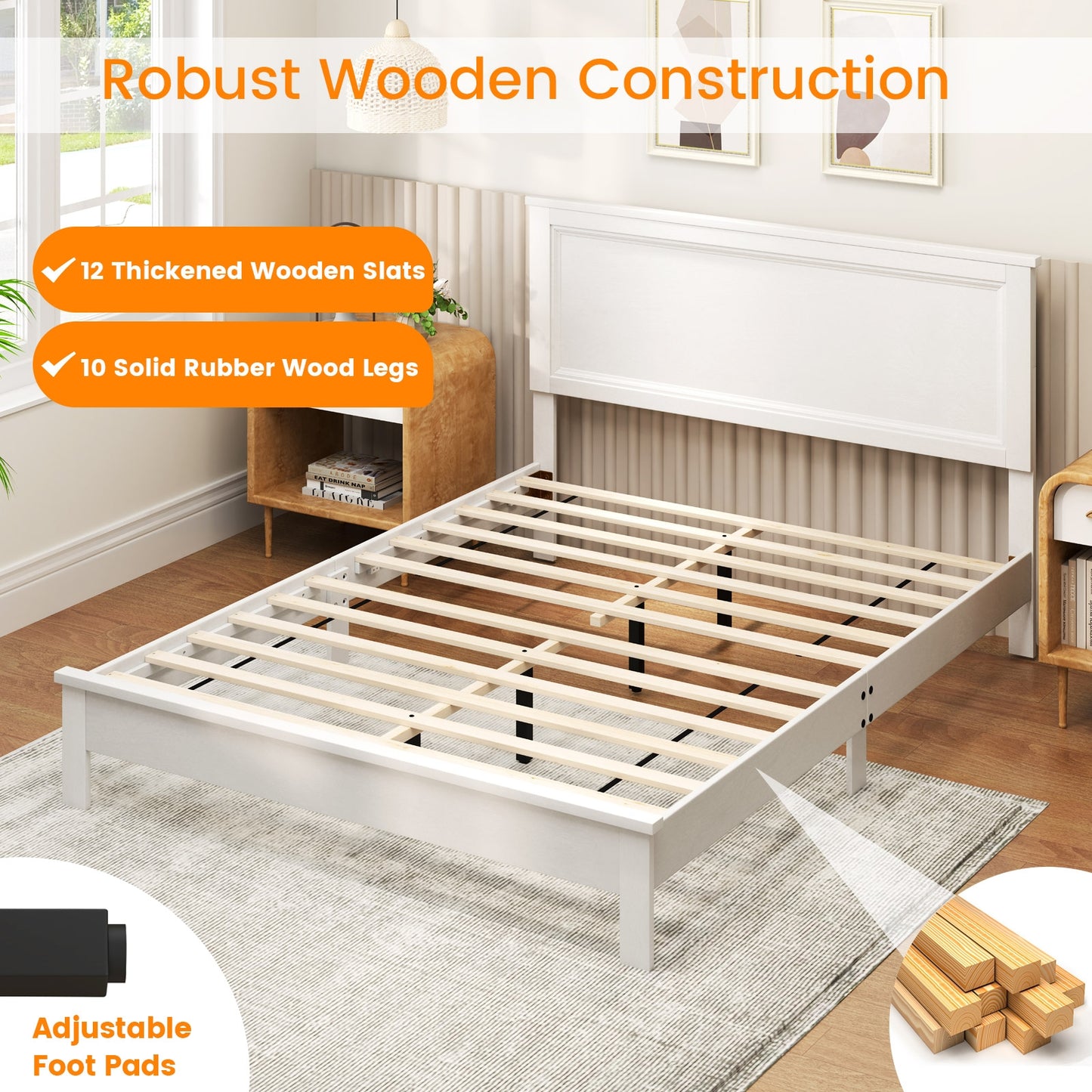 Queen Size Bed Frame Platform Slat High Headboard Bedroom with Rubber Wood Leg-White Kids Crystal