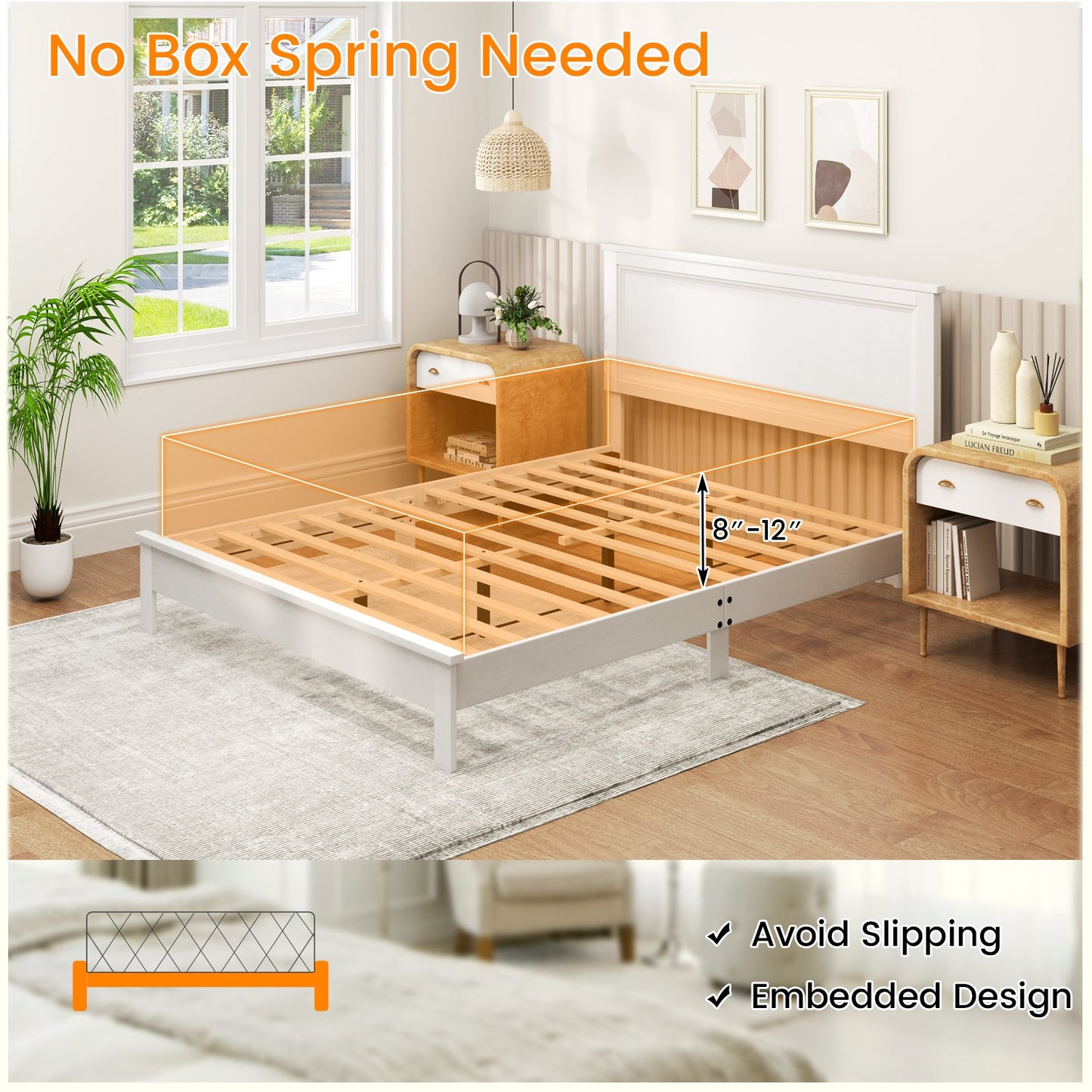 Queen Size Bed Frame Platform Slat High Headboard Bedroom with Rubber Wood Leg-White Kids Crystal