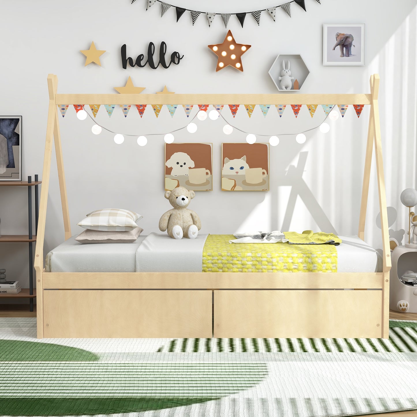 Twin Size Wooden Tent Platform House Bed with 2 Drawers-Natural Kids Crystal