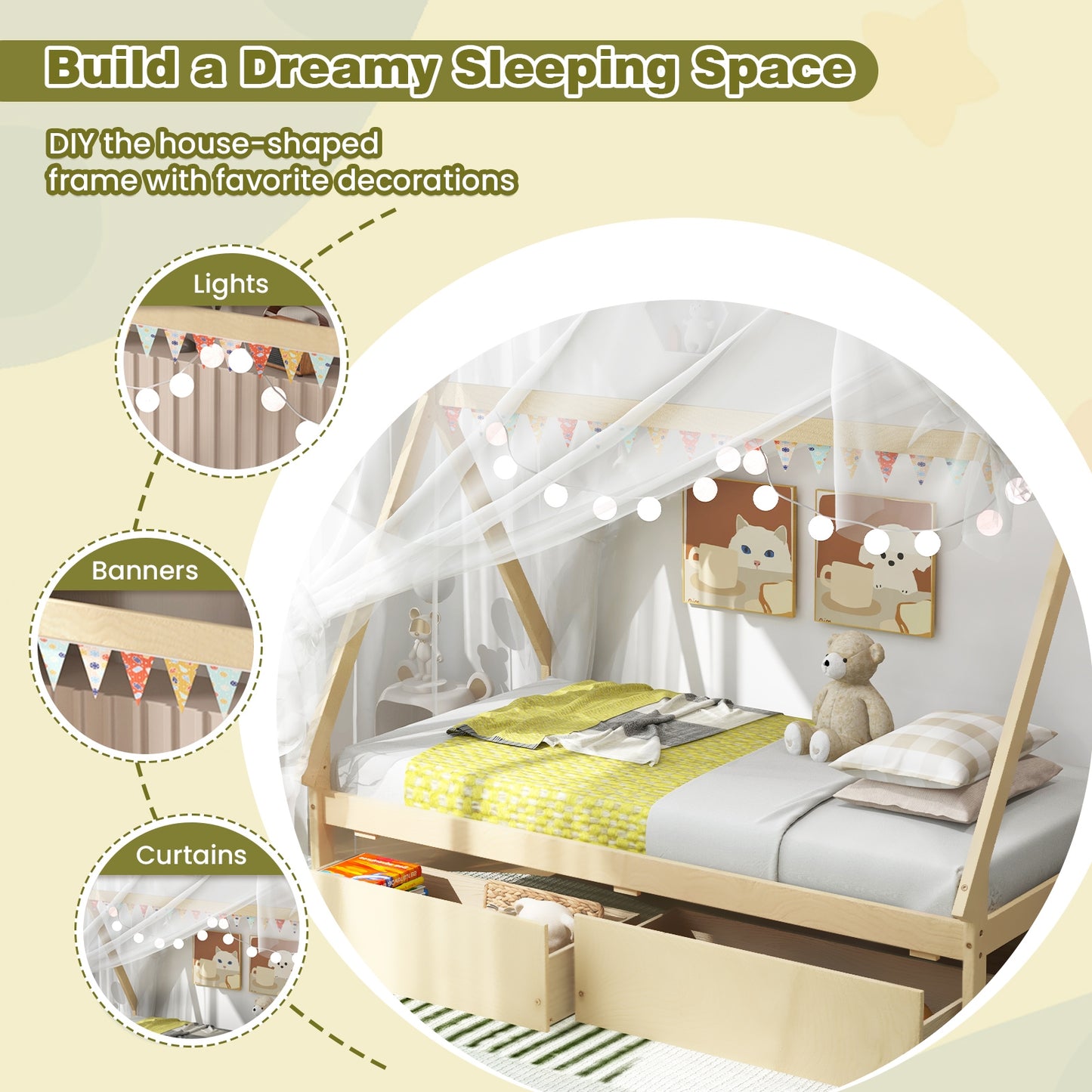 Twin Size Wooden Tent Platform House Bed with 2 Drawers-Natural Kids Crystal