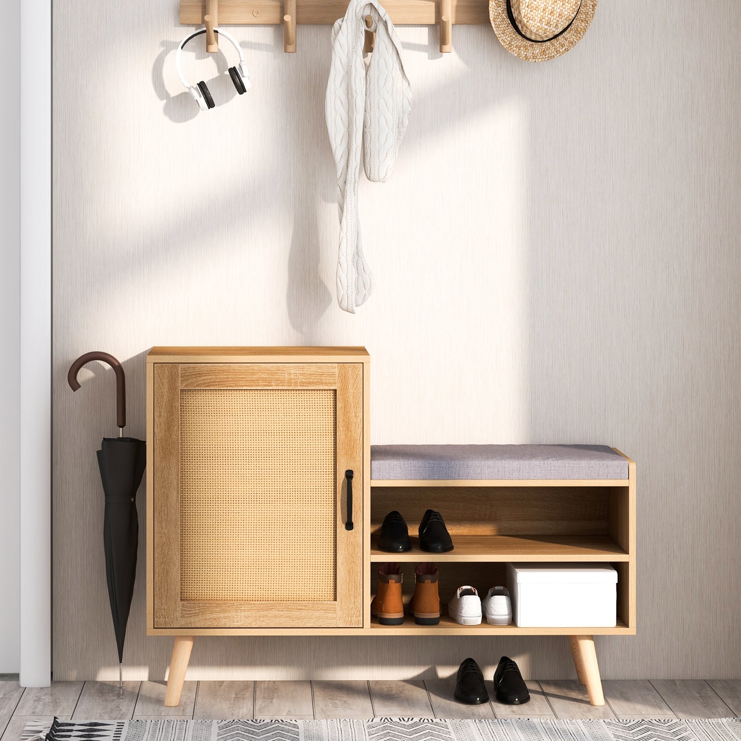 2-in-1 Rattan Shoe Cabinet with Bench Shoe Storage Bench with Washable Cushion-Natural Kids Crystal