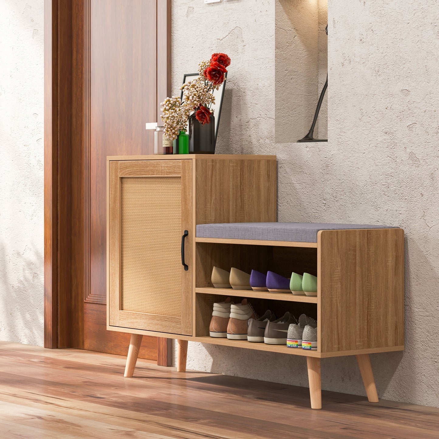 2-in-1 Rattan Shoe Cabinet with Bench Shoe Storage Bench with Washable Cushion-Natural Kids Crystal