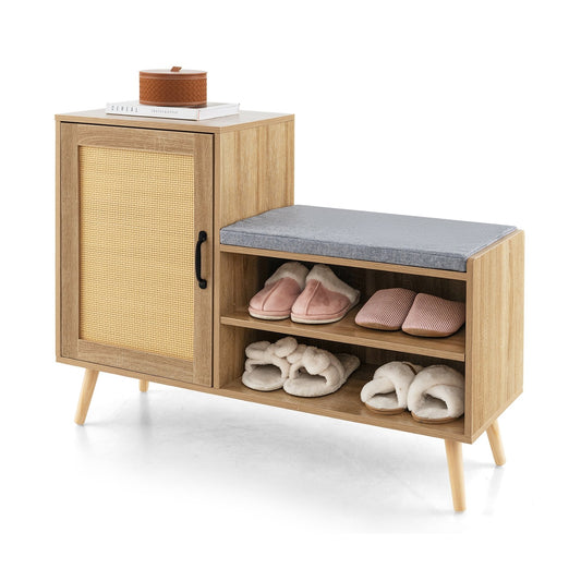 2-in-1 Rattan Shoe Cabinet with Bench Shoe Storage Bench with Washable Cushion-Natural Kids Crystal