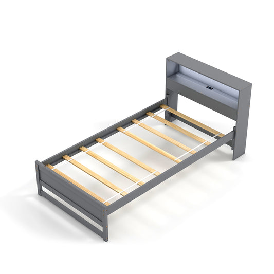 Twin Size Bed Frame with Storage Headboard and Charging Station-Gray Kids Crystal