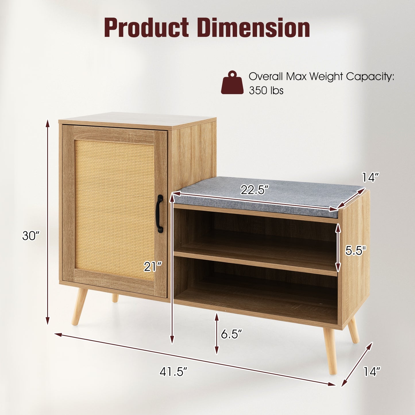 2-in-1 Rattan Shoe Cabinet with Bench Shoe Storage Bench with Washable Cushion-Natural Kids Crystal