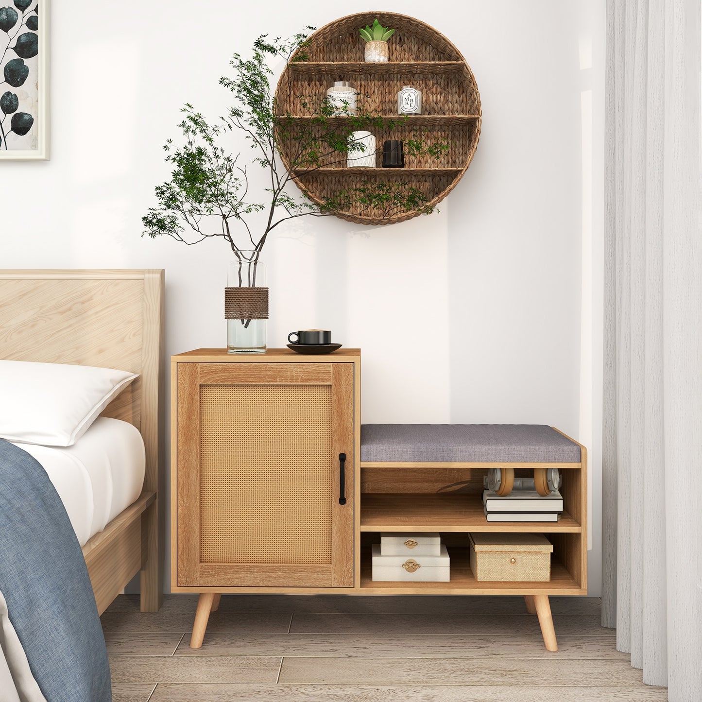 2-in-1 Rattan Shoe Cabinet with Bench Shoe Storage Bench with Washable Cushion-Natural Kids Crystal