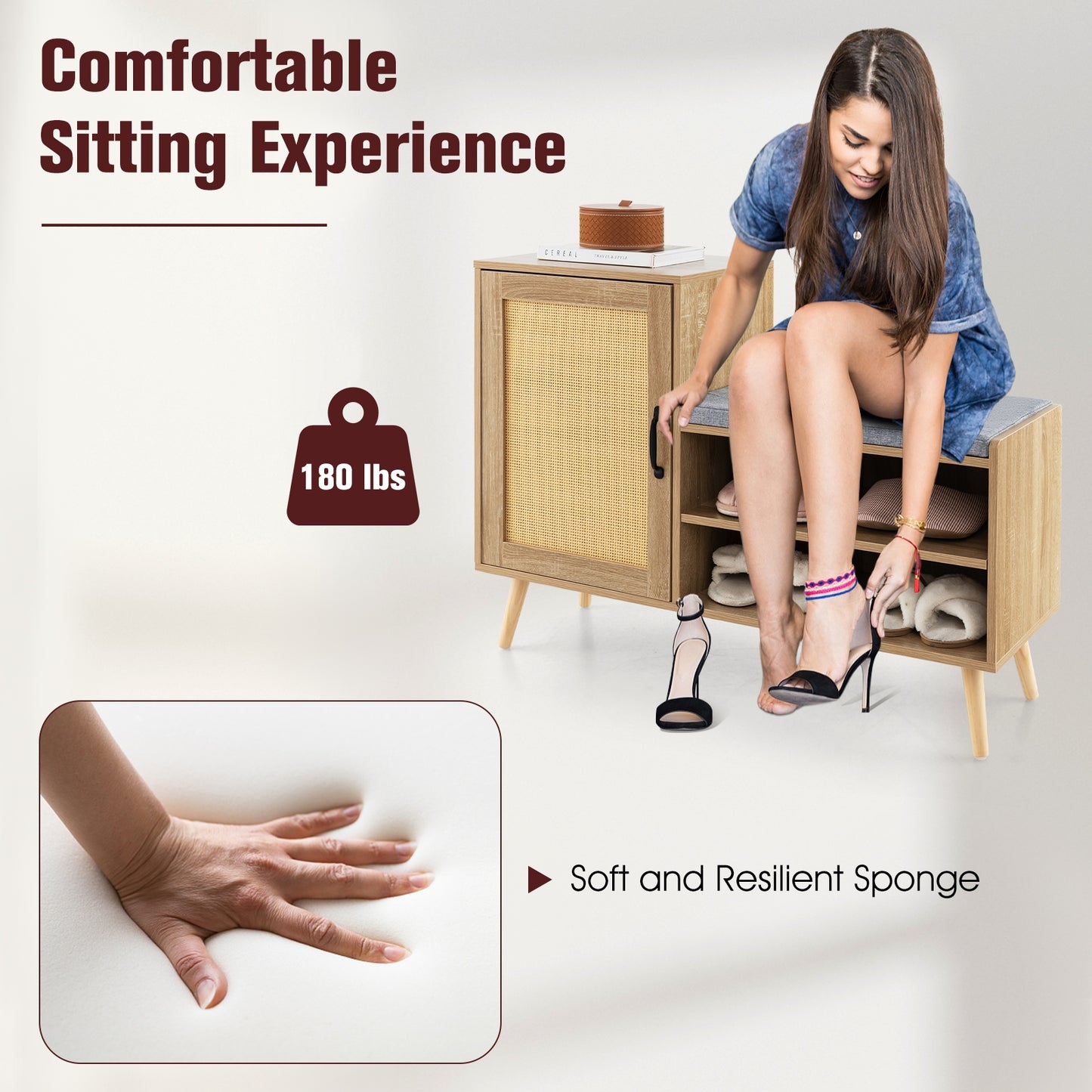 2-in-1 Rattan Shoe Cabinet with Bench Shoe Storage Bench with Washable Cushion-Natural Kids Crystal