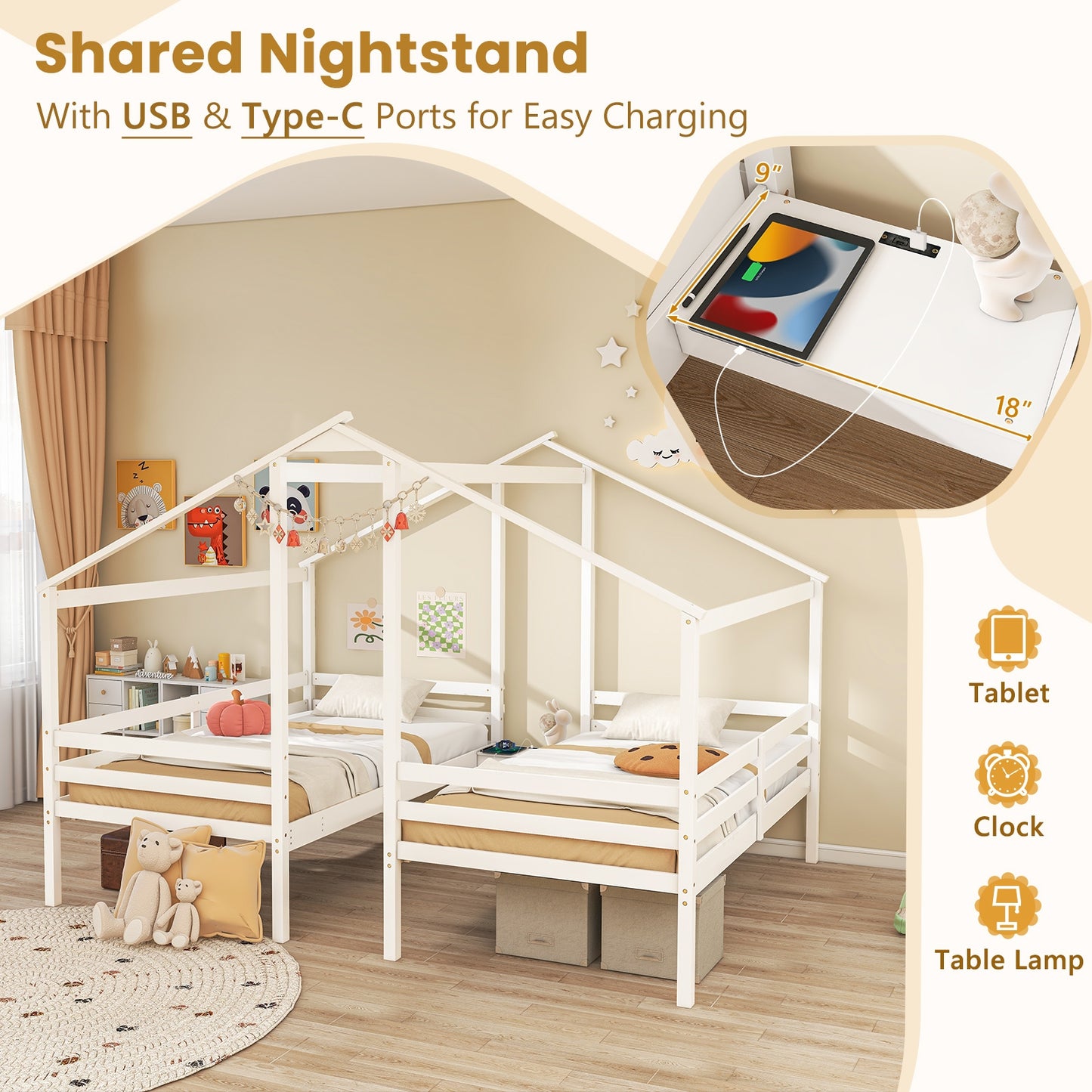 Double Twin Size Wooden Bed Frames with Built-in Table for Kids-White Kids Crystal
